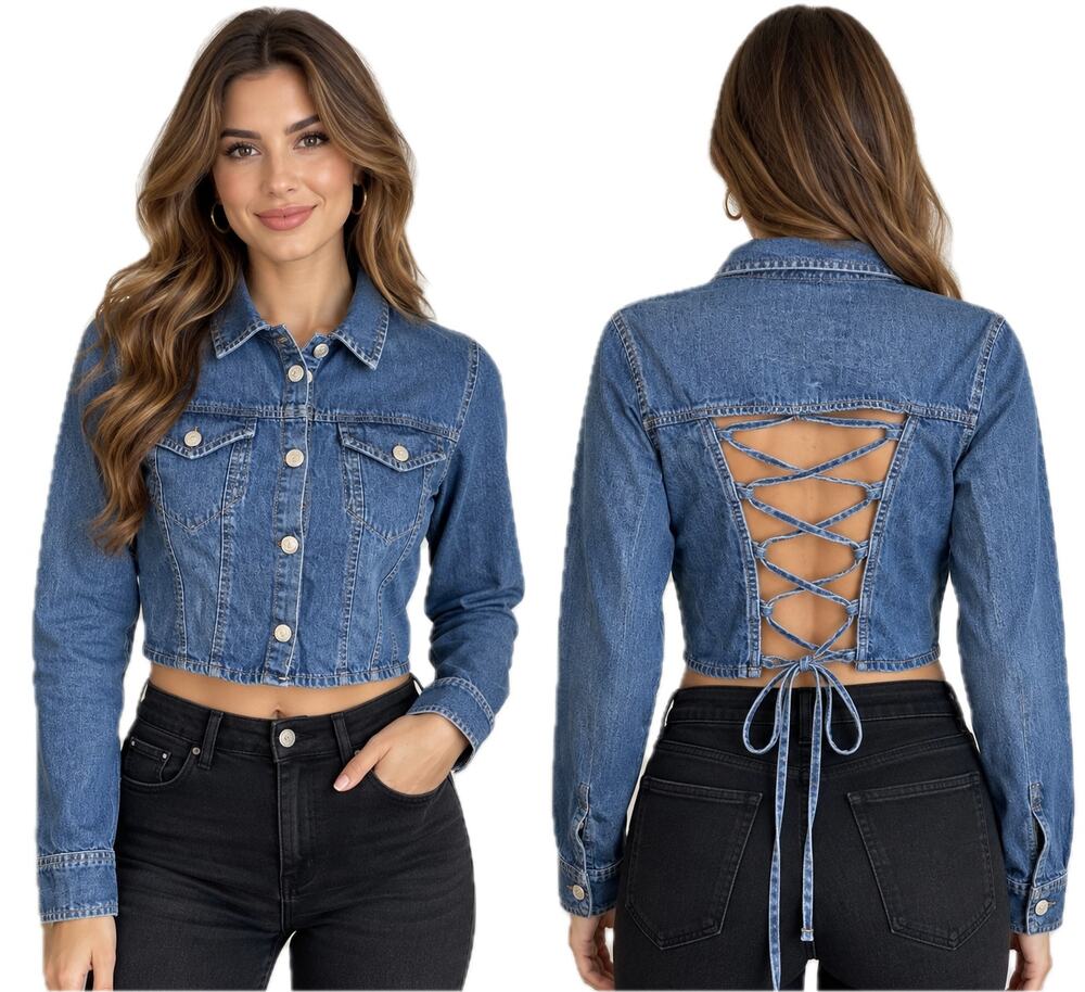 Cropped Denim Jacket Lace Up Corset Back Jean Jacket NEW Lone Star Womens L Blue